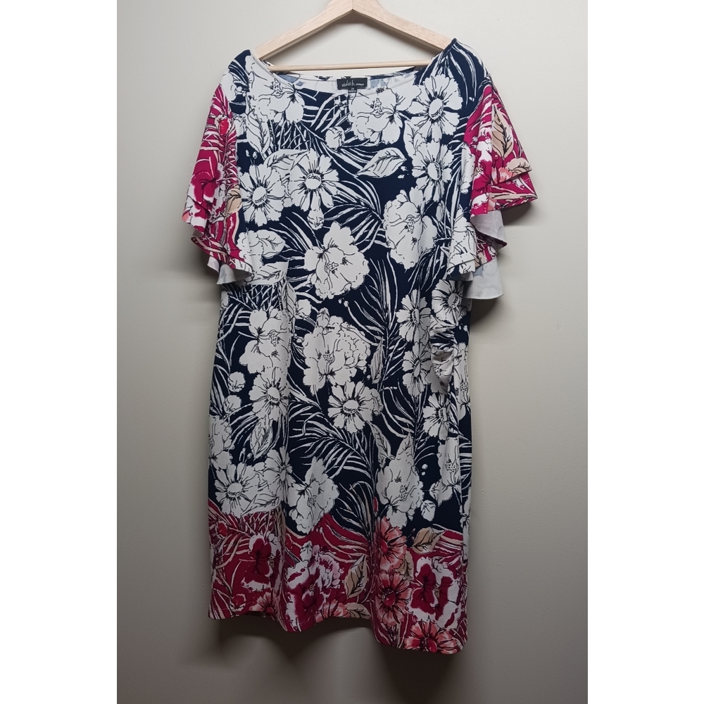 Violet B. Mini Dress Women Plus Size 2X Blue White Floral Short Sleeve Stretch